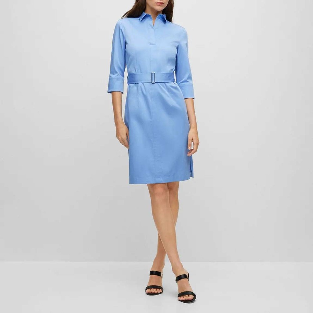 BOSS‎ Hugo Boss Daliri Dress Blue Belted 1/2 Sleeve Collared Shirt Dress  Sz 0